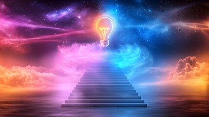 Aufkleber - Majestic floating staircase spiraling towards the boundless universe surrounded by luminous galaxies shooting stars and cosmic waves  An enormous glowing light bulb at the center casts a warm light