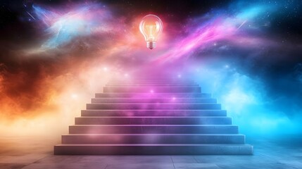 Leinwandbilder - Dreamlike cosmic staircase ascending into a multicolored nebula surrounded by ethereal mist and celestial lights