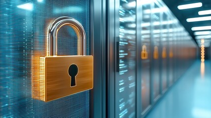Secured data center protected against hackers. Digital lock on a network server with binary data background.
