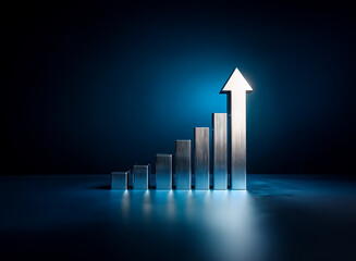Wall Mural - silver bar chart with an arrow pointing upwards, symbolizing progress and positive growth against a 