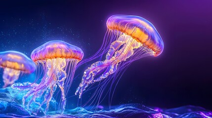 Fototapete - Mesmerizing Swarm of Glowing Jellyfish Drifting in a Surreal Underwater Marine Environment