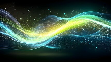 Fototapete - Futuristic abstract background with illuminated blue and green light trails particles and streams of data flowing through a cosmic space representing the concept of intelligence