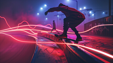 Wall Mural - A skateboarder grinding a rail, leaving behind a neon, animated streak of light. The scene captures dynamic motion and energy, blending street culture with a touch of digital magic.
