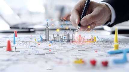 Leinwandbilder - Detailed Aerial Map View with Vibrant Markers and Glowing Pen Emitting Sparks to Highlight Key Locations for Strategic Planning Navigation and Data Driven Analysis   Futuristic Geographic Concept
