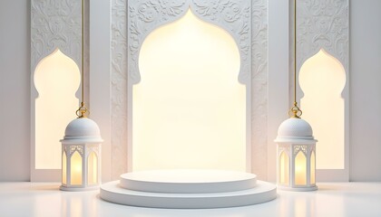 Wall Mural - A Ramadan-inspired visual featuring golden lanterns, stars, a podium, and a crescent moon against an Islamic backdrop