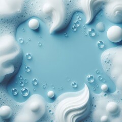 Foamy soap bubbles and creamy lather on blue background with copy space. Skincare, hygiene, and spa concept