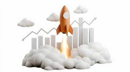 Leinwandbilder - A striking red rocket takes off leaving a trail of success with an upward trending graph forming behind it  Swirling white clouds add movement and energy to the sleek