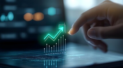 Aufkleber - Futuristic business themed image featuring a bright green upward arrow glowing with intensity highlighted by a precise pointing finger  The arrow symbolizes success strategic movement and progress