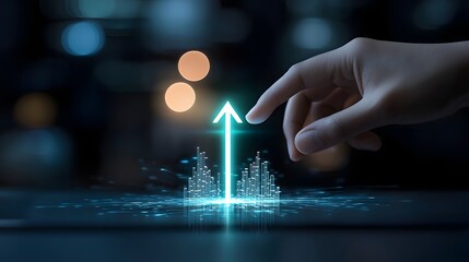 Poster - A conceptual image depicting a glowing green arrow ascending symbolizing the growth and expansion of a business or economy  A hand reaches out to touch the arrow