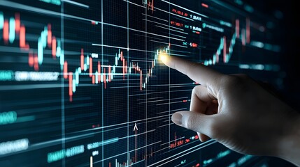 Poster - Modern Financial Technology Depicting Interactive Digital Trading Screen with Glowing Fingertip Ascending Arrows and Complex Financial Chart Showing Market Gains