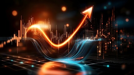 Fototapete - Futuristic financial technology scene featuring a glowing blue digital arrow composed of interconnected nodes and network lines curving upwards to symbolize financial growth and success