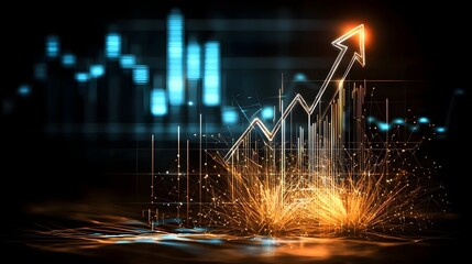 Poster - A modern financial growth concept featuring a transparent cyber arrow with interconnected glowing nodes and soft neon highlights ascending towards the sky