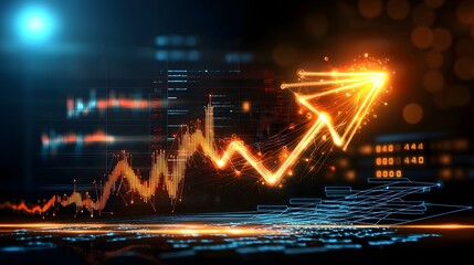 Poster - A modern financial growth concept featuring a transparent cyber arrow with interconnected glowing nodes and soft neon highlights ascending towards the deep blue sky