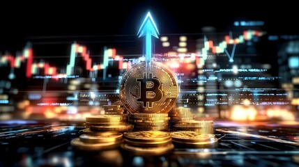 Leinwandbilder - Cutting Edge Cryptocurrency Visualization Showcasing Bullish Crypto Market Trends with Towering Luminous Blue Arrow Rising from a Pile of Golden Bitcoin Coins