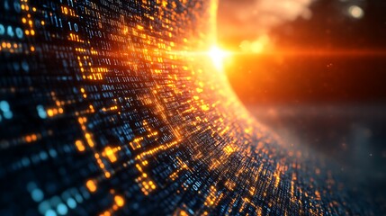 Glowing Binary Code Data Stream Towards Sunlight