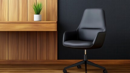 Wall Mural - Modern Minimalist Office Chair in Dark Room with Wood Accents