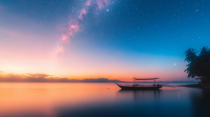 Wall Mural - Milky Way over tranquil beach sunrise; boat at rest