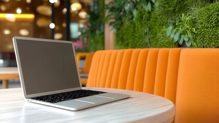 Poster - Silver Laptop on Marble Table in Modern Cafe with Orange Seating