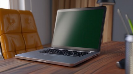 Wall Mural - Silver Laptop on Wooden Desk in Modern Office