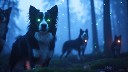 Wall Mural - Mystical dogs in a foggy forest at night. Fantasy art for gaming