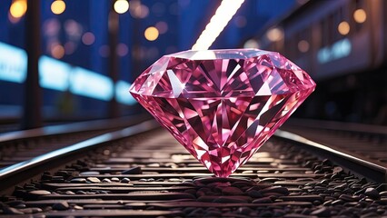 A large, faceted red gemstone resting on railroad tracks