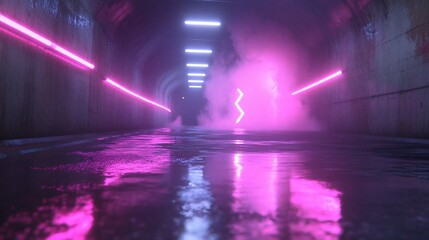 Wall Mural - Neon tunnel, figure walking, smoke, wet floor, futuristic setting, sci-fi backdrop