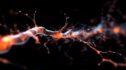 Wall Mural - Neuron connection, glowing synapse, dark background, science illustration