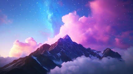 Wall Mural - Pink sunset clouds over majestic mountain peak.  Fantasy landscape for posters