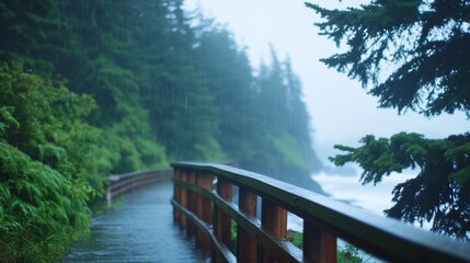 Wall Mural - Rainy coastal boardwalk, Pacific Ocean view, lush forest