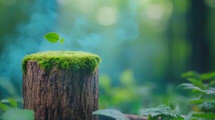 Poster - Sapling sprouting on mossy log, forest background, new life concept, nature imagery