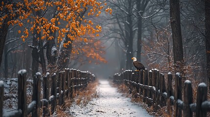 Sticker - Bald eagle perched on snowy fence, winter forest path