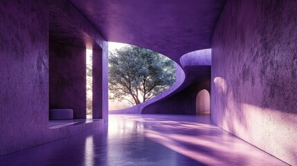 Poster - A modern, purple concrete room with rounded walls, rough surfaces, and light casting dramatic tree shadow effects on the floor, creating an atmospheric vibe