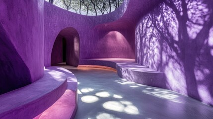 Poster - A modern, purple concrete room with rounded walls, rough surfaces, and light casting dramatic tree shadow effects on the floor, creating an atmospheric vibe