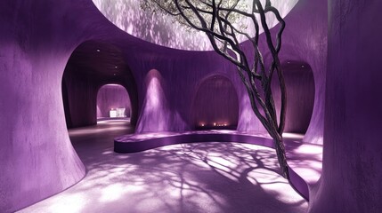 Poster - A modern, purple concrete room with rounded walls, rough surfaces, and light casting dramatic tree shadow effects on the floor, creating an atmospheric vibe
