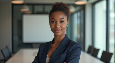 Wall Mural - Portrait of a professional black woman in a suit standing in a modern office.Business woman looking at the camera in a workplace meeting area