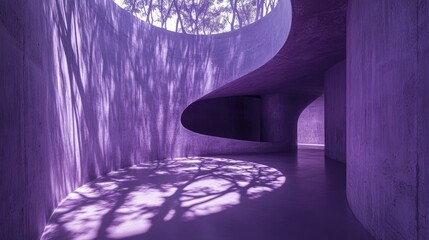 Poster - A striking purple concrete interior with rounded walls and rough textures, illuminated by light that casts intricate tree shadow effects on the floor