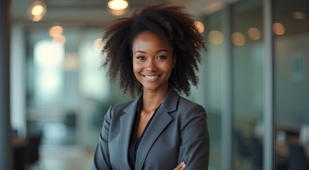 Wall Mural - Portrait of a professional black woman in a suit standing in a modern office.Business woman looking at the camera in a workplace meeting area