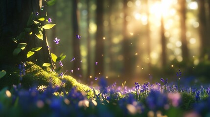 Wall Mural - Sunlit forest, bluebells blooming, magical light. Nature photography for peaceful themes