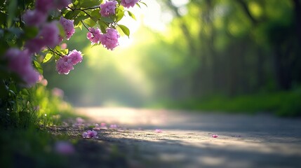 Wall Mural - Sunlit path, pink blossoms, forest, spring