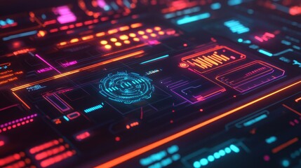 Wall Mural - Futuristic Neon Interface with Digital Displays and Abstract Patterns