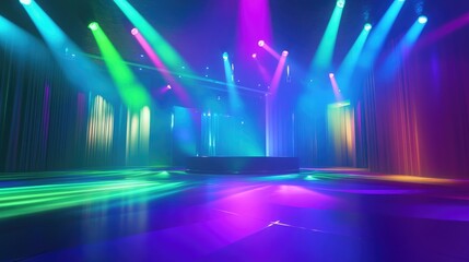 Poster - Dynamic spotlights in green, blue, and violet casting light beams over a dance floor in a high-energy nightclub, creating an electric atmosphere
