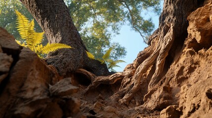 Poster - Tree roots exposed, sunlight, forest floor, nature background; website banner