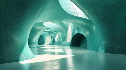 Poster - Futuristic interior design with turquoise walls, organic shapes, and textured surfaces, creating light and shadows from streaming sunlight