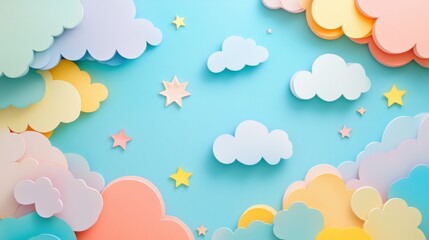 Wall Mural - colorful paper clouds and stars on a soft blue background