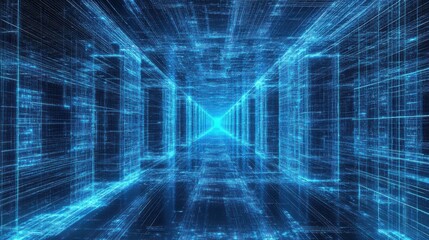Wall Mural - Futuristic Digital Corridor with Blue Neon Lights and Grid Patterns