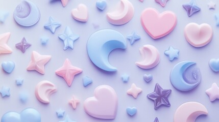 Wall Mural - colorful pastel shapes of hearts, stars, and moons on light background