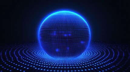 Wall Mural - Blue Glowing Sphere with Grid Pattern on Dark Background
