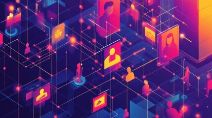 Wall Mural - abstract digital network with human silhouettes and colorful graphics