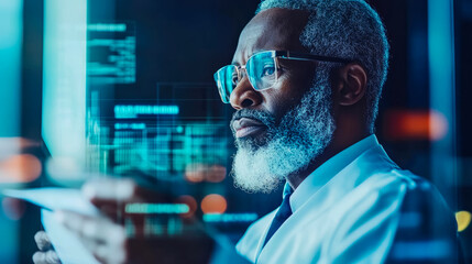 Data Analysis: Serious scientist scrutinizing digital data on screen in a hi-tech lab, for science journal