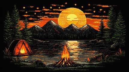 Canvas Print - Camping by a lake at night with fire. Mountains, trees, sunset in the backdrop. For relaxation